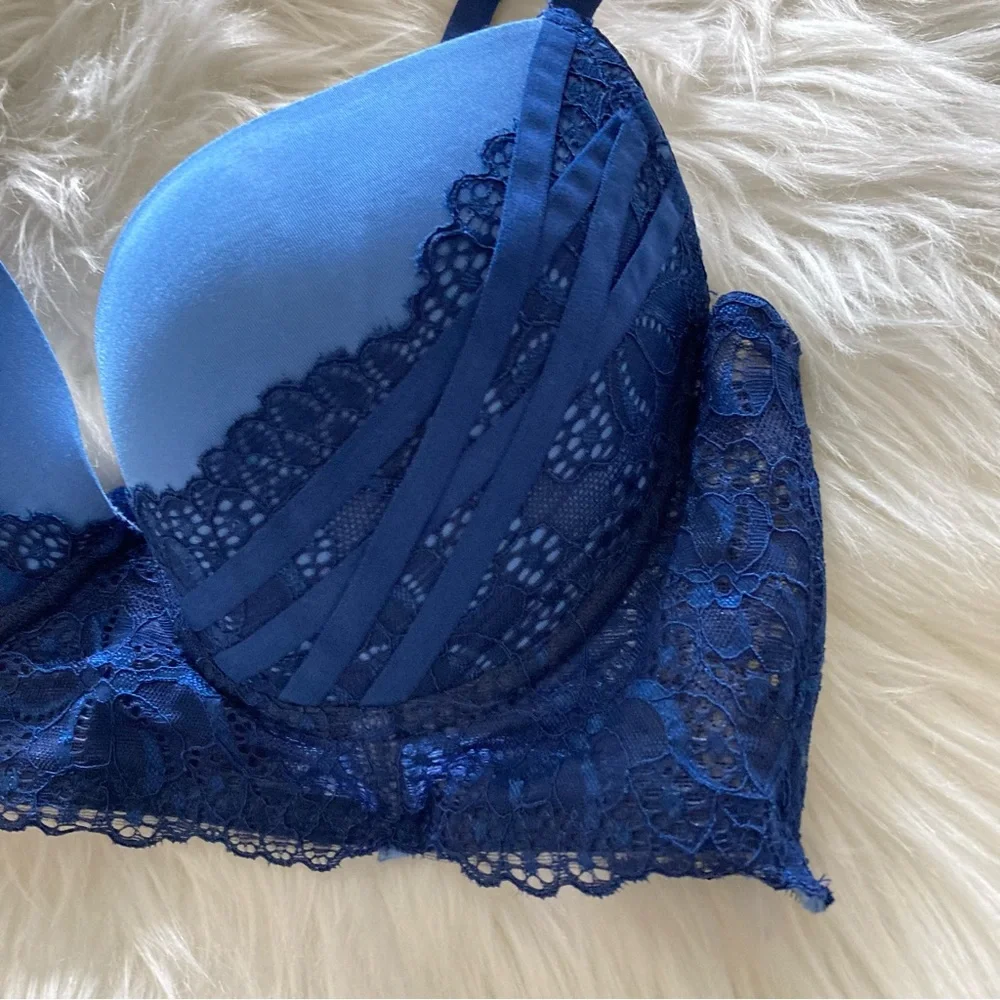 36C Blue Lace Satin Adjustable Bra